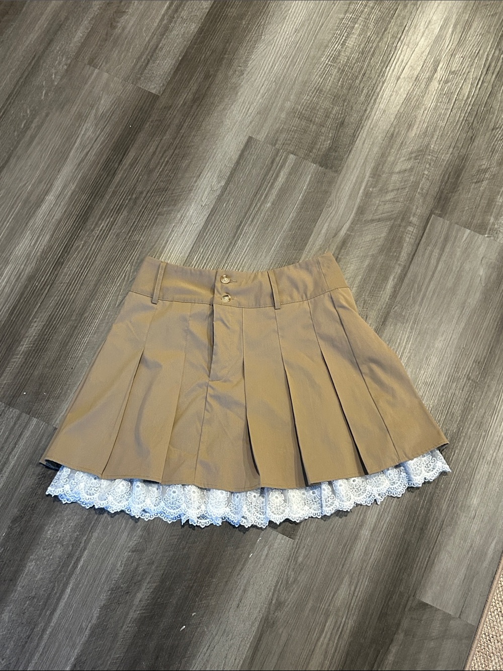 Pleated Mini Skirt with Lace Trim - Khaki